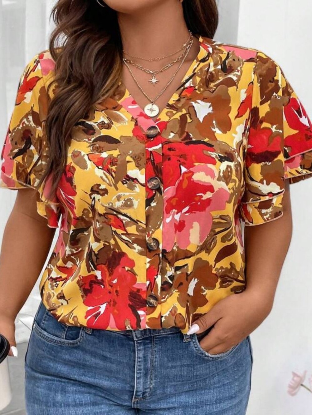 SHEIN Mustard Pink Brown Floral Ruffle Sleeve Blouse